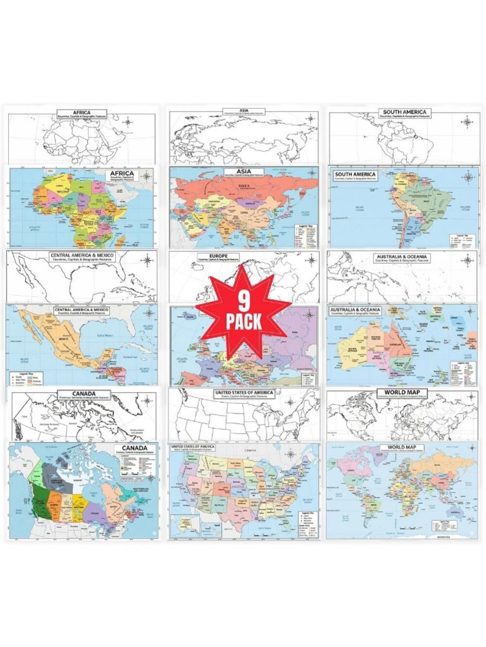 9-Pack Laminated Dry Erase World Geography Study Maps | Double-Sided Color